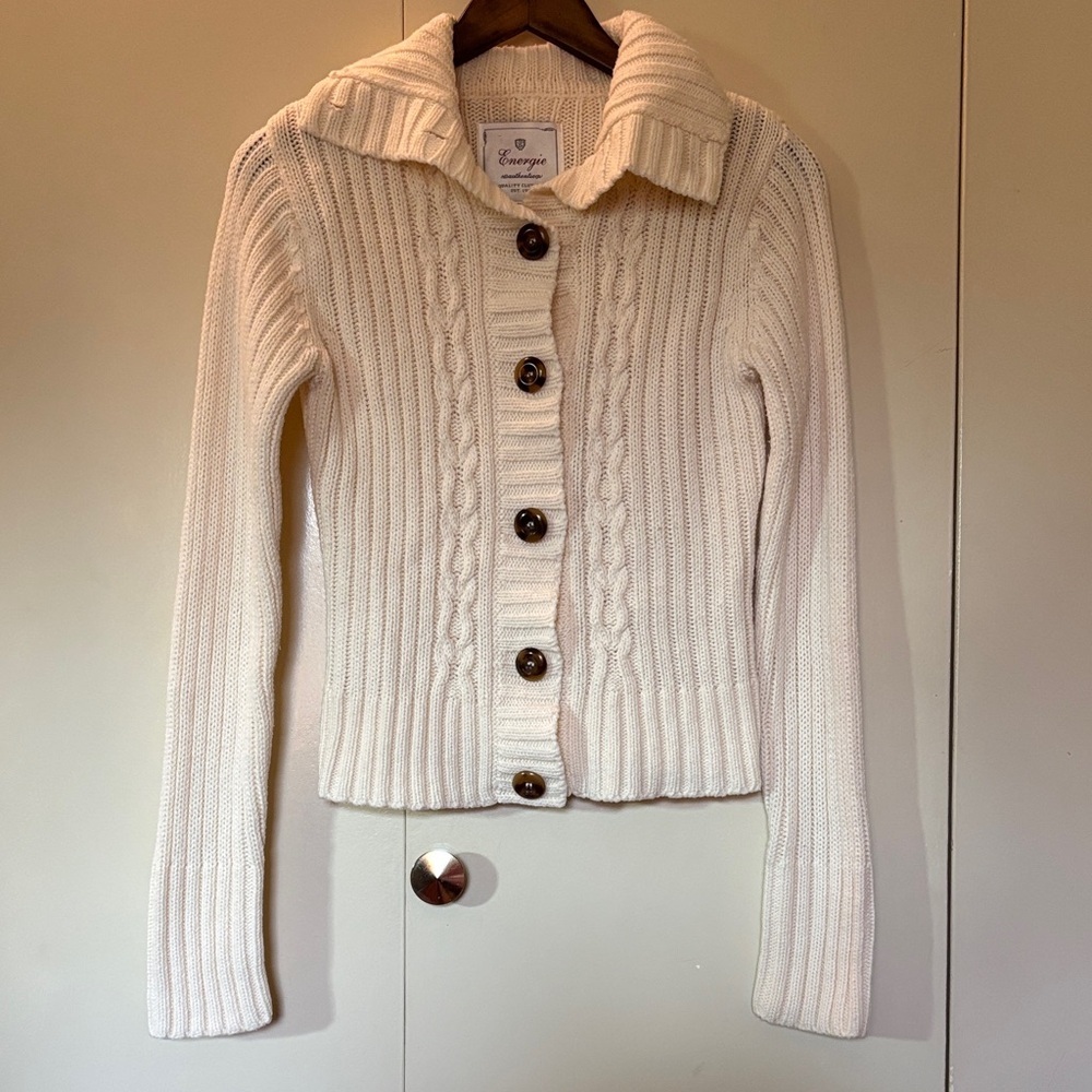 Energie Cream Cable Knit Cardigan Size M Winter Outdoor Layers Classic